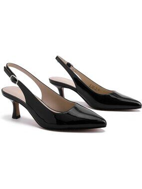 Women's Slingback Kitten Heels Pointed Toe Low Heel Black Patent Pumps Shoes